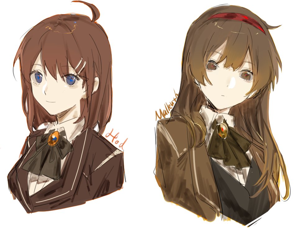 2girls ahoge black_vest blue_eyes bow bowtie brown_coat brown_eyes brown_hair character_name coat collared_shirt green_bow green_bowtie hair_ornament hairband hairclip hod_(project_moon) kitakawayui library_of_ruina long_hair long_sleeves looking_at_viewer malkuth_(project_moon) multiple_girls project_moon red_hairband shirt simple_background upper_body vest white_background