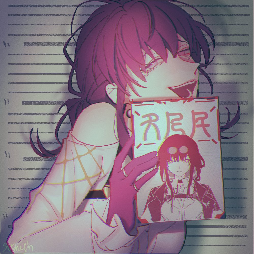 1girl barbie_mugshot_(meme) chromatic_aberration clothing_cutout earrings gloves holding holding_sign honkai:_star_rail honkai_(series) jewelry kafka_(honkai:_star_rail) long_hair looking_at_viewer meme mugshot multiple_rings open_mouth purple_gloves purple_hair ring shirt shoulder_cutout sign solo sussy_(sushushh) teeth violet_eyes white_shirt