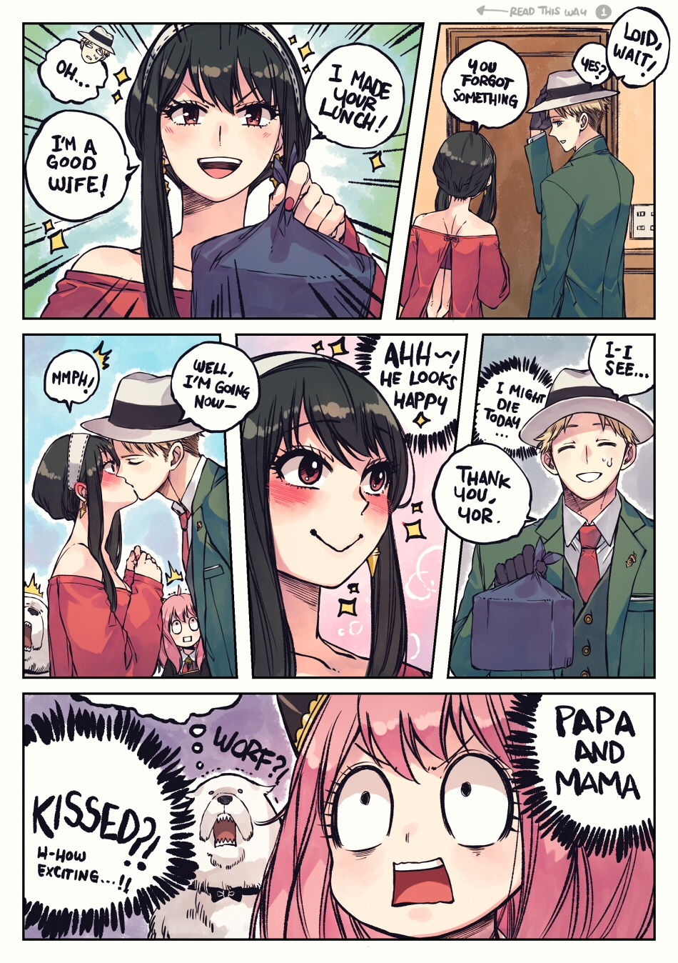 1boy 2girls anya_(spy_x_family) black_hair blonde_hair bond_(spy_x_family) dog english_text father_and_daughter fedora hat hetero highres husband_and_wife kiss lunchbox mother_and_daughter multiple_girls pink_hair right-to-left_comic rusky speech_bubble spy_x_family surprised thought_bubble twilight_(spy_x_family) yor_briar