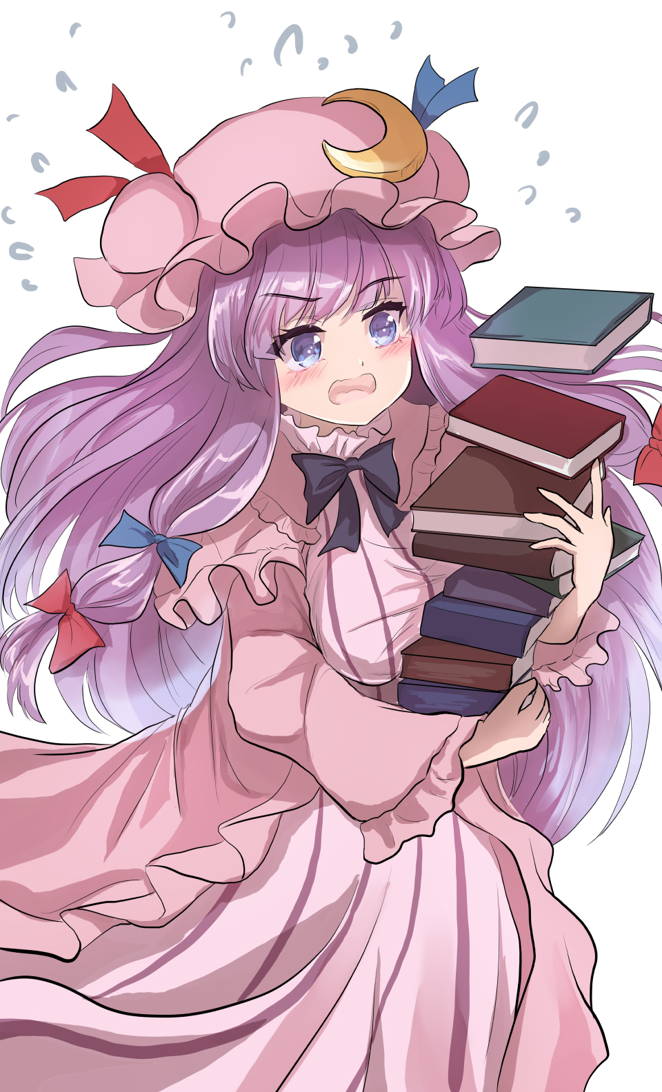 1girl blue_bow blue_ribbon blush book book_stack bow bowtie breasts capelet commentary crescent crescent_hat_ornament dress dropping flying_sweatdrops hair_bow hat hat_ornament hat_ribbon highres holding holding_book large_breasts long_hair mob_cap namiki_(remiter00) open_mouth patchouli_knowledge purple_bow purple_bowtie purple_hair red_bow red_ribbon ribbon robe simple_background solo striped striped_dress touhou very_long_hair violet_eyes white_background wide_sleeves