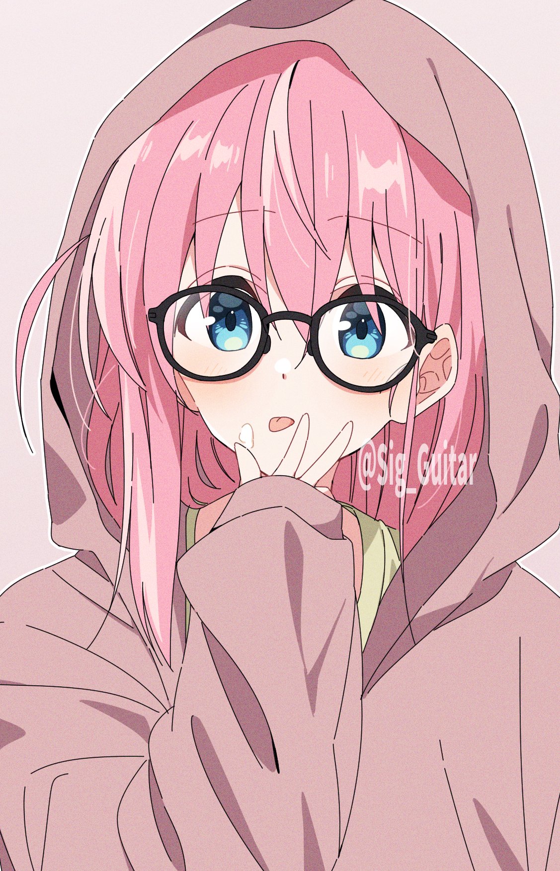 1girl bespectacled black-framed_eyewear blue_eyes blush bocchi_the_rock! brown_hoodie closed_mouth glasses gotou_hitori hair_between_eyes highres hood hood_up hoodie long_hair long_sleeves one_side_up pink_hair shigure_(sigre) simple_background solo tongue tongue_out twitter_username upper_body white_background