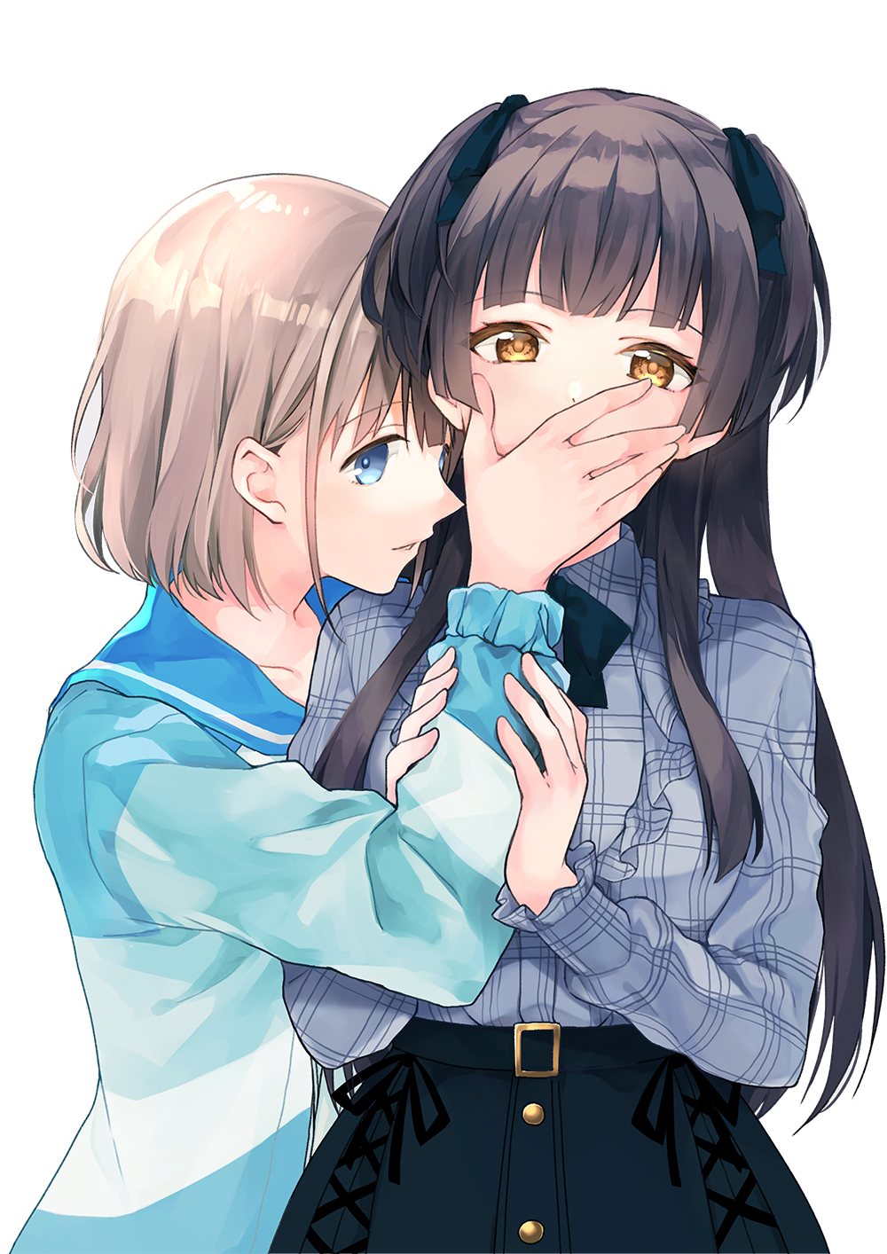 2girls belt black_belt black_bow black_bowtie black_hair black_ribbon black_skirt blue_eyes blue_sailor_collar blue_shirt blunt_bangs bow bowtie breasts brown_eyes collarbone covering_another's_mouth grey_hair grey_shirt hair_bow hair_ribbon hands_up highres holding_another's_arm idolmaster idolmaster_shiny_colors long_hair long_sleeves looking_at_viewer mayuzumi_fuyuko medium_breasts multiple_girls open_mouth peke_(xoxopeke) plaid plaid_shirt ribbon sailor_collar serizawa_asahi shirt short_hair simple_background skirt solo two_side_up white_background
