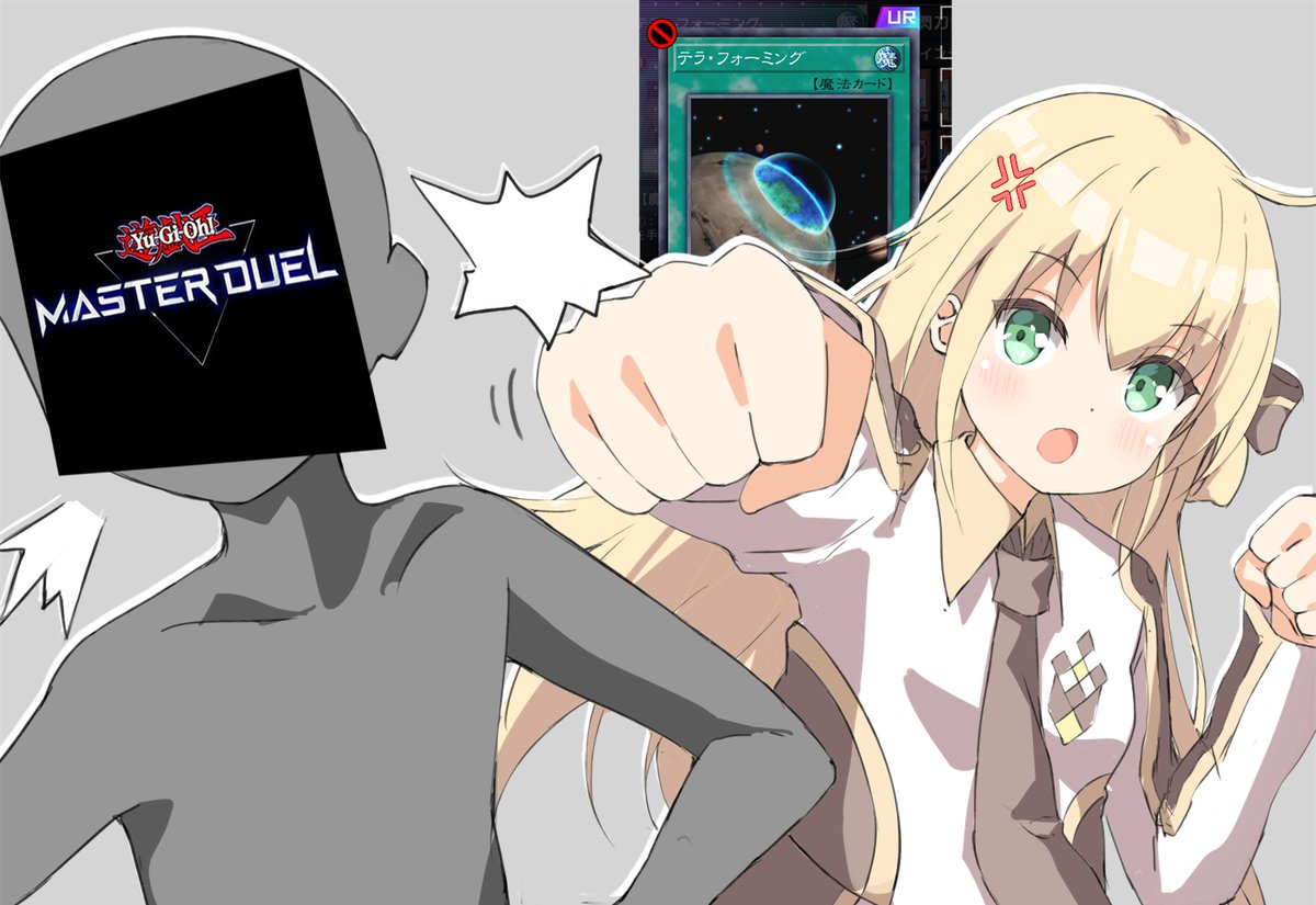 1girl 1other ahoge anger_vein blonde_hair breasts collared_shirt commentary duel_monster game_screenshot_inset green_eyes grey_background gununu_elf long_hair long_sleeves looking_at_viewer necktie open_mouth punching ribbon shirt sky_striker_ace_-_raye small_breasts terraforming_(yu-gi-oh!) white_shirt yu-gi-oh! yu-gi-oh!_master_duel