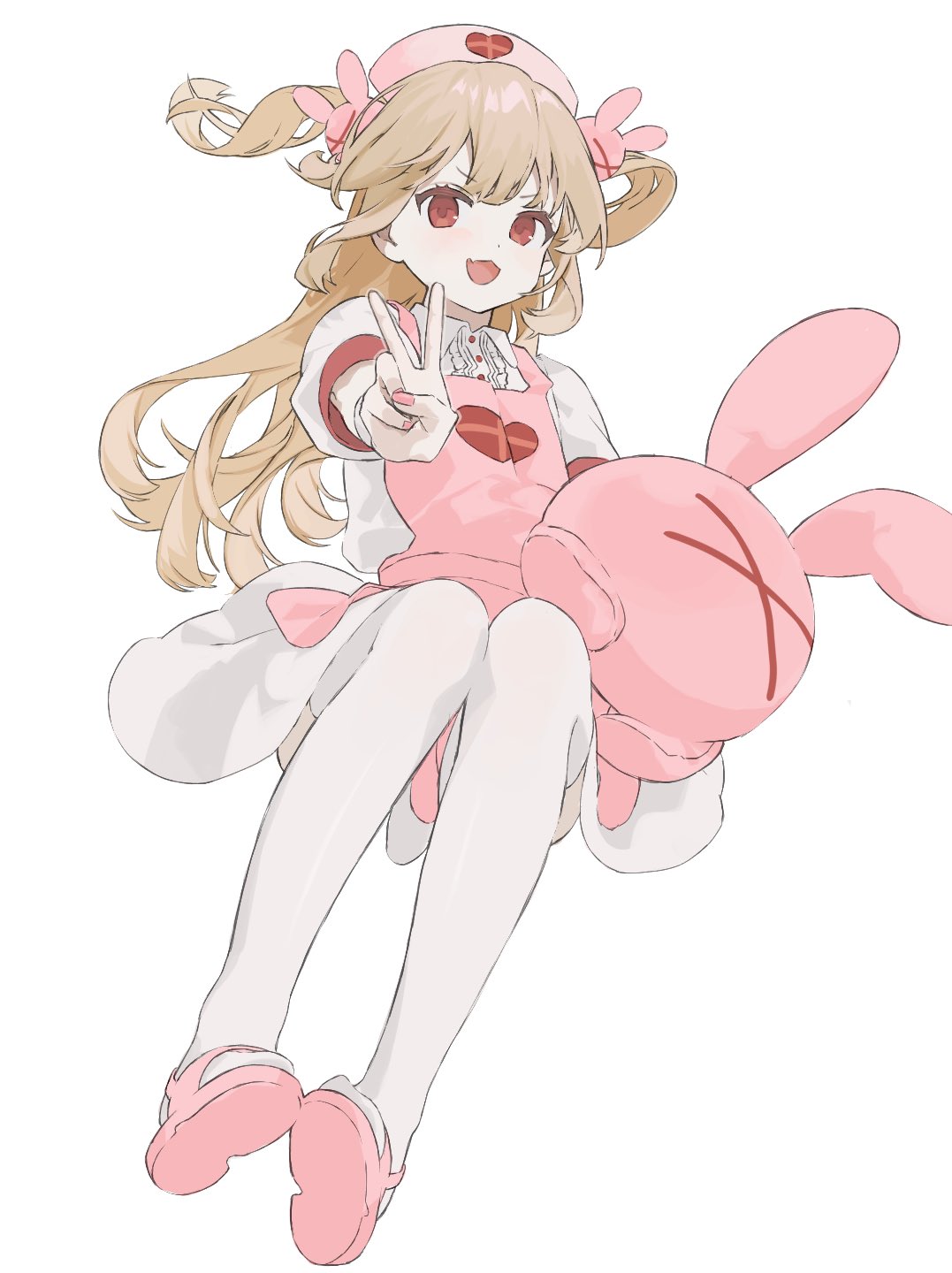 1girl animal_ears apron blonde_hair buttons collared_dress dress fake_animal_ears fang fingernails hair_between_eyes hair_ornament hand_up hat heart heart_print highres holding holding_stuffed_toy long_hair looking_at_viewer nail_polish natori_sana nurse_cap open_mouth pink_apron pink_footwear pink_headwear pink_nails puffy_short_sleeves puffy_sleeves rabbit_ears rabbit_hair_ornament red_eyes sana_channel shoes short_sleeves simple_background sitting skin_fang smile solo stuffed_animal stuffed_toy thigh-highs tongue two_side_up v v-shaped_eyebrows white_background white_dress white_thighhighs