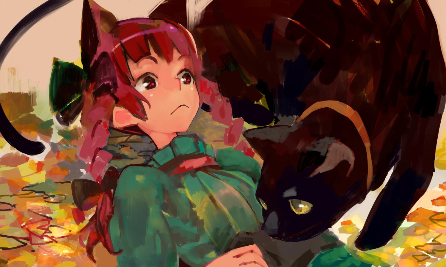1girl animal_ears black_bow black_cat bow braid brush_stroke cat cat_ears closed_mouth collar commentary_request dress extra_ears flat_chest green_dress hair_bow hair_ribbon kaenbyou_rin long_hair long_sleeves looking_at_animal lying on_back onion_(onion_and_pi-natto) puffy_long_sleeves puffy_sleeves red_eyes redhead ribbon solo touhou tress_ribbon twin_braids upper_body
