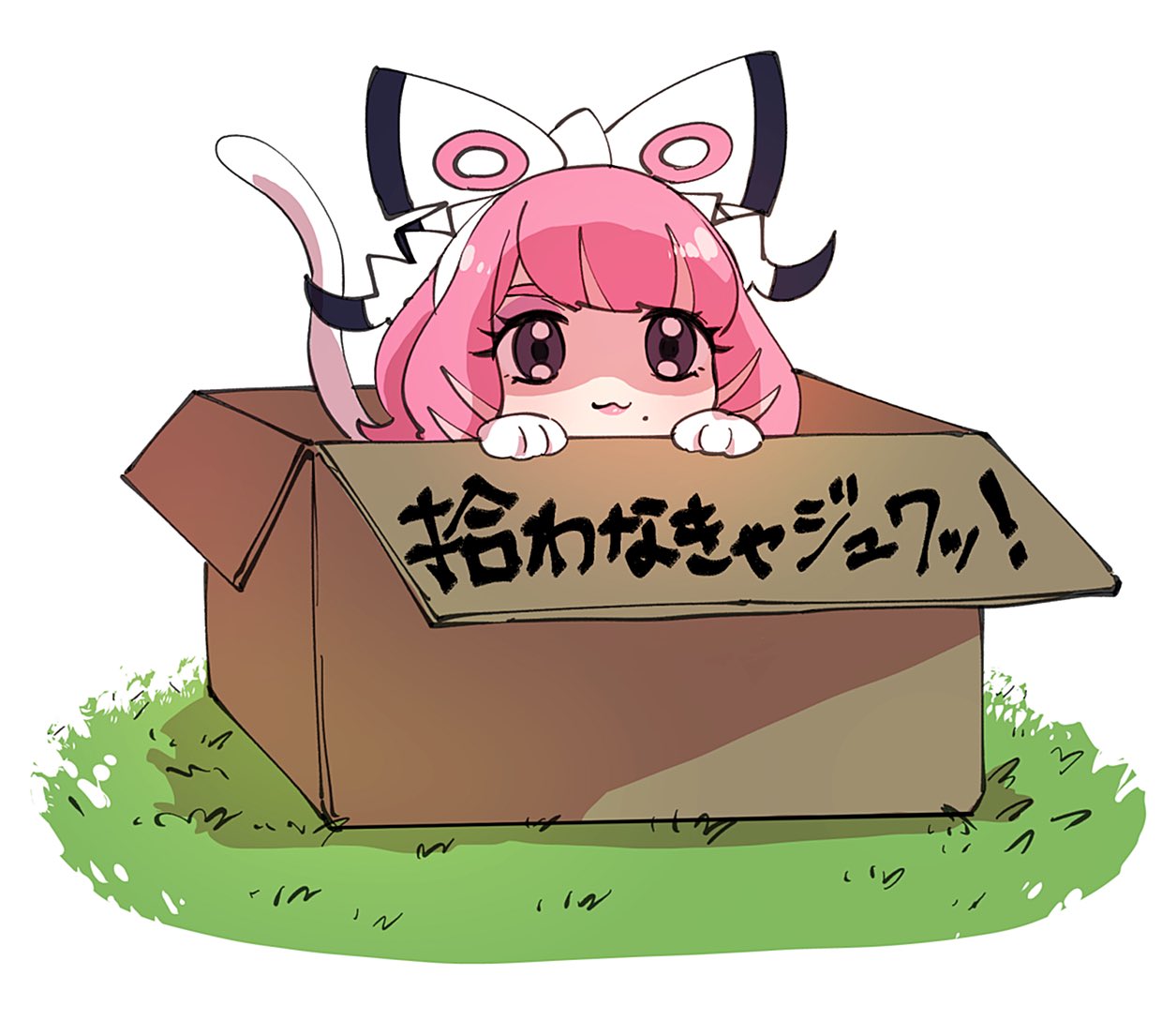 1girl :3 bow_hairband box cardboard_box cat_tail closed_mouth commentary_request eyelashes eyeshadow grass hairband hands_up klara_(pokemon) makeup mole mole_under_mouth osg_pk peeking_out pink_eyeshadow pink_hair pokemon pokemon_(game) pokemon_swsh shaded_face smile solo tail translation_request violet_eyes white_background white_hairband