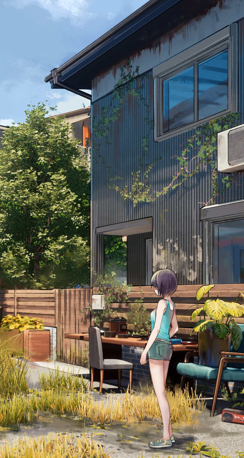 1girl black_hair building erichskua highres looking_to_the_side medium_hair original plant potted_plant scenery shorts singlet solo