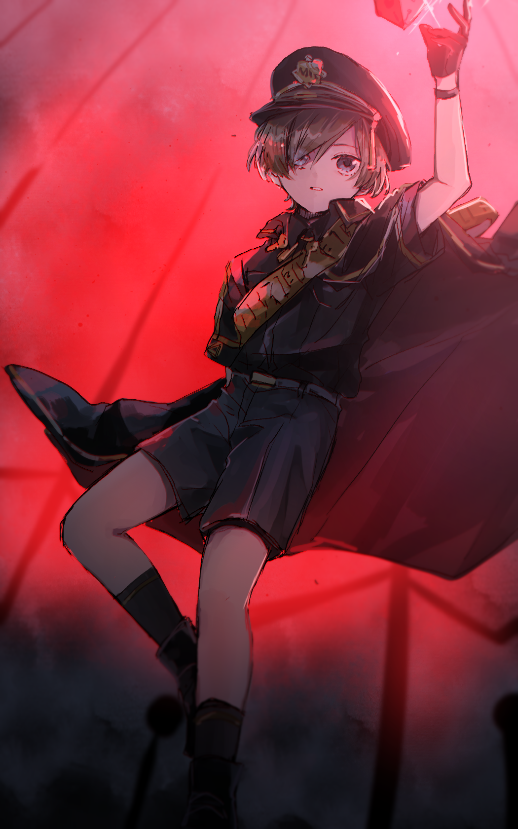 1other akebisousaku androgynous black_cape black_footwear black_gloves black_headwear black_shirt black_shorts black_socks boots brown_hair cape es_(milgram) gloves grey_eyes highres milgram open_mouth parted_lips red_background shirt short_hair short_sleeves shorts socks solo teeth