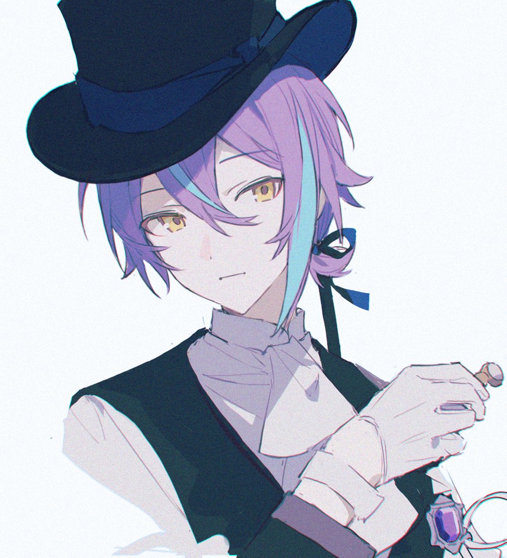 1boy asymmetrical_bangs closed_mouth colored_eyelashes commentary_request gloves hair_between_eyes hat holding jewelry kamishiro_rui kino_kazumi long_sleeves male_focus multicolored_hair project_sekai purple_hair short_hair simple_background solo streaked_hair top_hat white_background white_gloves yellow_eyes