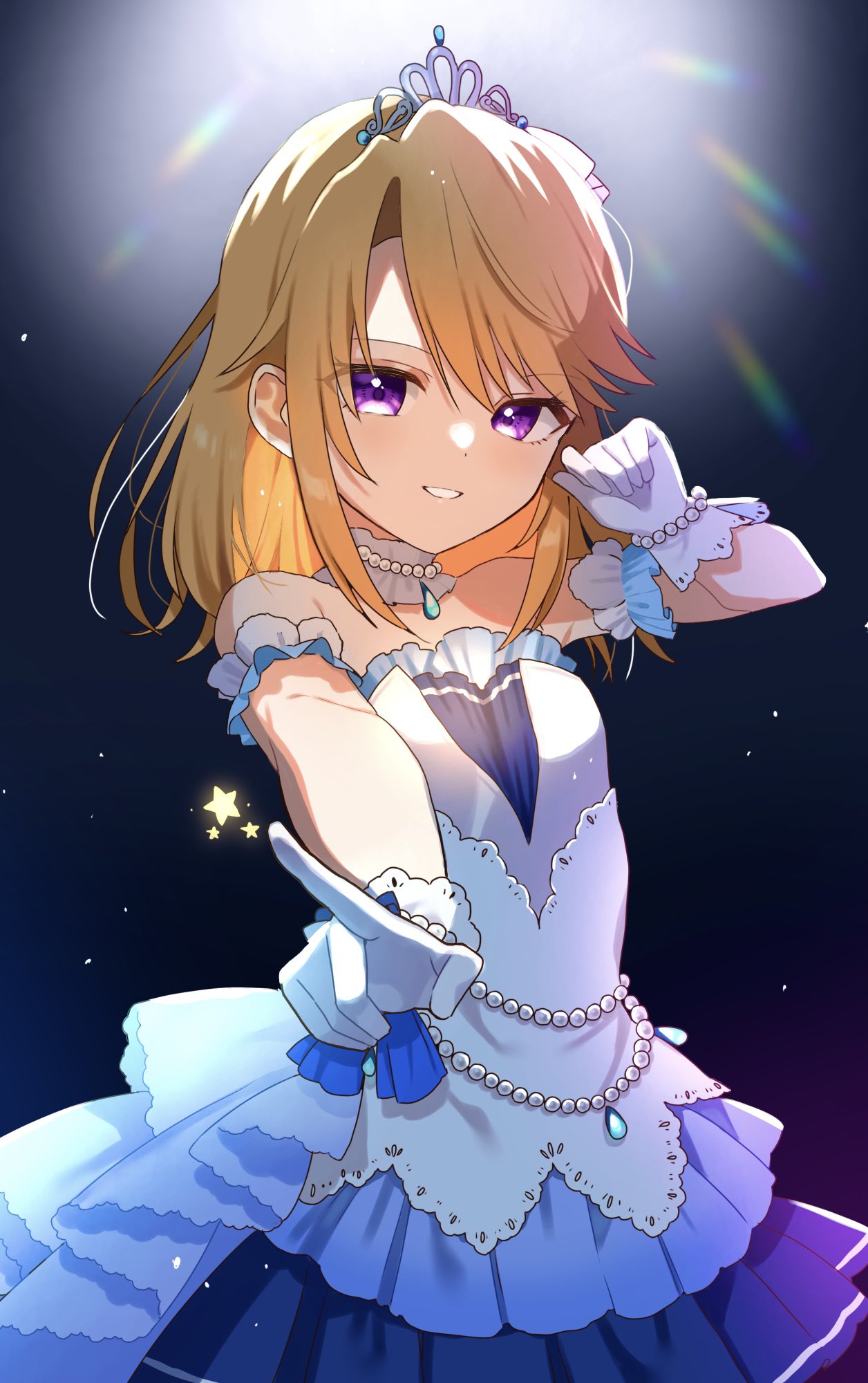 1girl arm_scrunchie backlighting bare_shoulders belly_chain black_background blush bracelet breasts detached_collar dot_nose dress gloves hair_between_eyes hand_up highres idolmaster idolmaster_cinderella_girls idolmaster_cinderella_girls_starlight_stage idolmaster_cinderella_girls_u149 jewelry layered_sleeves long_hair looking_at_viewer mokano_n necklace open_mouth orange_hair pearl_bracelet pearl_necklace pointing pointing_at_viewer rainbow_gradient reaching reaching_towards_viewer scrunchie sleeveless sleeveless_dress small_breasts smile solo star_(symbol) tiara violet_eyes white_dress white_gloves white_scrunchie yuuki_haru