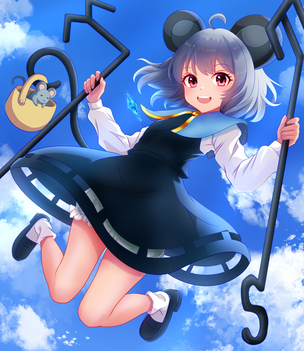 1girl ahoge animal_ears basket black_footwear bloomers blue_sky blush clouds commentary_request crystal dowsing_rod flat_chest full_body grey_hair grey_skirt grey_vest highres jewelry jumping kisaragi_koushi layered_clothes long_sleeves looking_at_viewer medium_bangs mouse mouse_ears mouse_girl mouse_tail nazrin open_mouth pendant red_eyes shirt shoes short_hair skirt skirt_set sky smile socks solo tail touhou underwear vest white_shirt white_socks