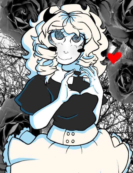 1girl black_and_white black_blush black_shirt blush buttons buttons_on_skirt curls dark_circles demon_horns devil_horns eyelashes floral_background frilled_skirt frills ghost_and_pals hand_heart happy_days_(ghost_and_pals) heart heart_sign high_waisted_skirt horns ifinex medium_breasts monochrome mostly_monochrome puffy_skirt puffy_sleeves red_heart rose roses simple_shading skirt slurpee_(ghost_and_pals) spiral spiral_eyes vocaloid white_eyes white_hair white_shirt wide_eyed
