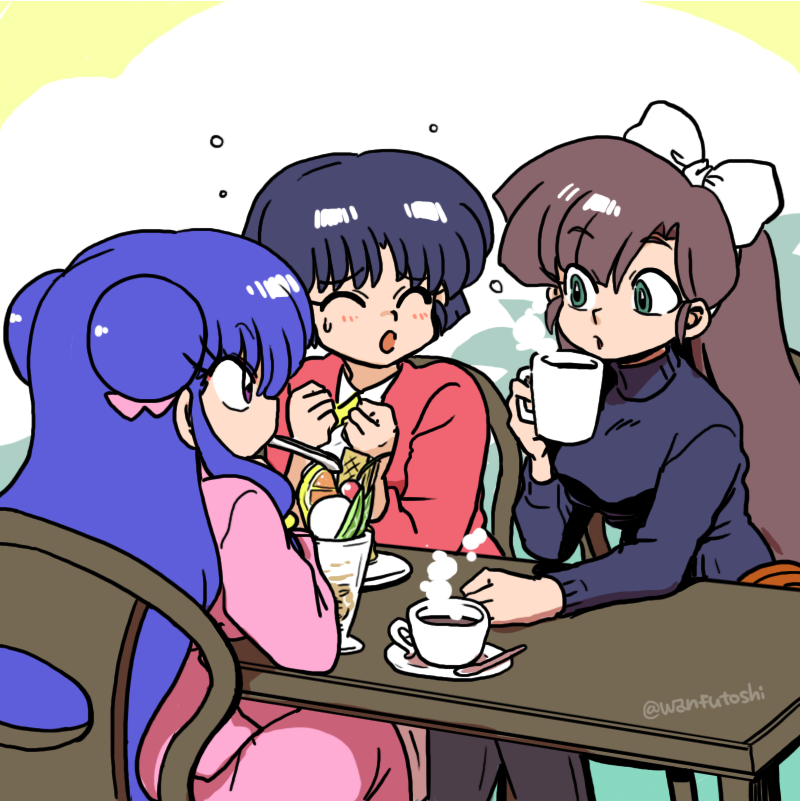 3girls blue_bow blue_hair bow brown_eyes closed_eyes coffee cookie food green_eyes kuonji_ukyou looking_at_another multiple_girls open_mouth parfait ranma_1/2 shampoo_(ranma_1/2) short_hair table tendou_akane wanta_(futoshi)