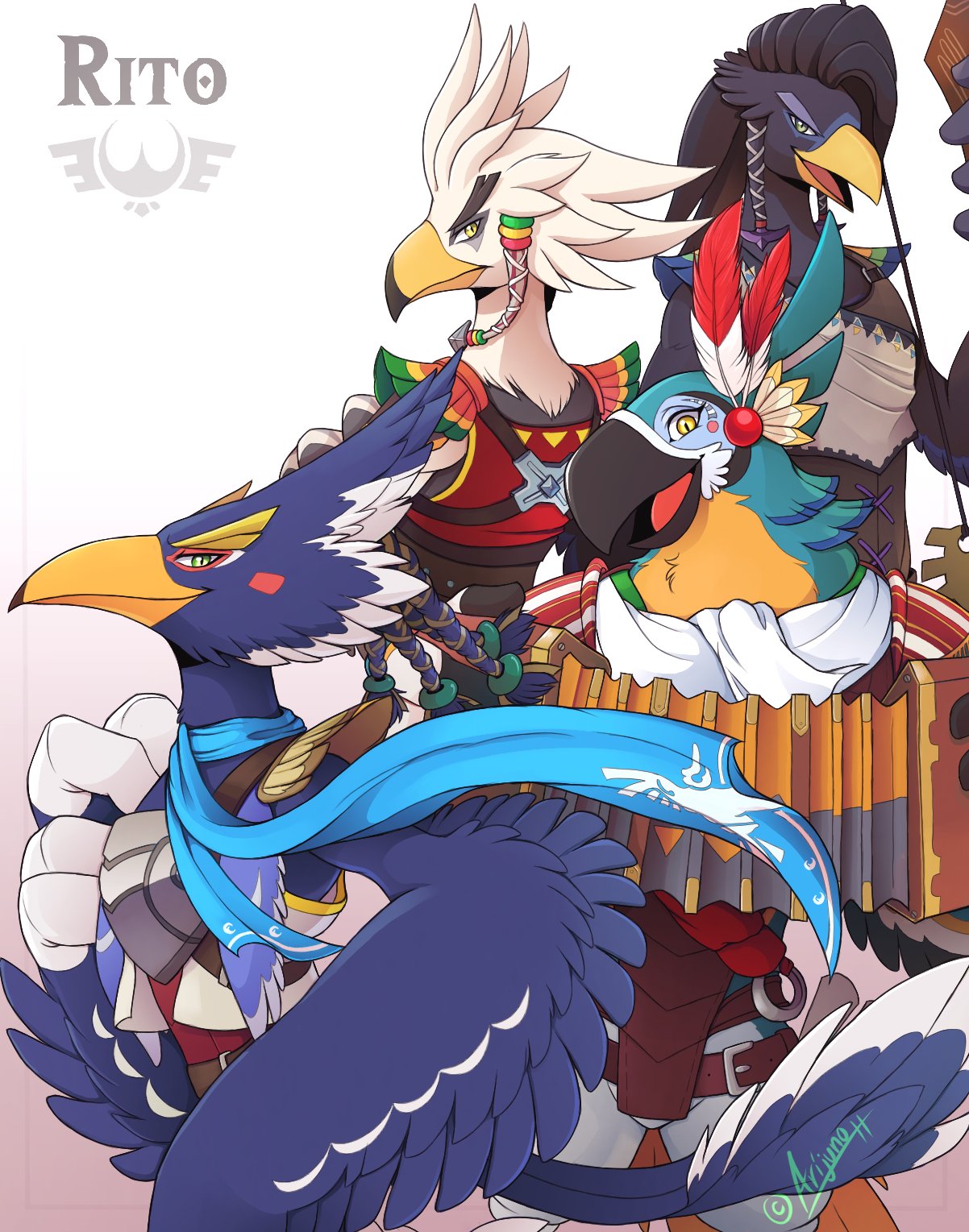 4boys accordion arijuno armor artist_name asymmetrical_hair beak belt bird_boy bird_tail black_fur black_hair blue_fur blue_hair blue_scarf body_fur bow_(weapon) braid breastplate closed_mouth commentary english_commentary english_text feather_hair_ornament feathers from_behind from_side furry furry_male gradient_background green_eyes hair_ornament hair_tie hair_tubes hand_on_own_chest hand_up happy harth_(zelda) highres holding holding_bow_(weapon) holding_instrument holding_weapon instrument kass looking_at_viewer looking_back male_focus medium_hair multiple_boys open_mouth profile quad_tails red_feathers red_shirt revali rito scarf shirt short_hair shoulder_pads signature simple_background smile spiky_hair standing tail teba_(zelda) the_legend_of_zelda the_legend_of_zelda:_breath_of_the_wild twitter_username two-tone_fur weapon white_background white_fur white_hair white_scarf white_shirt winged_arms wings yellow_eyes yellow_fur