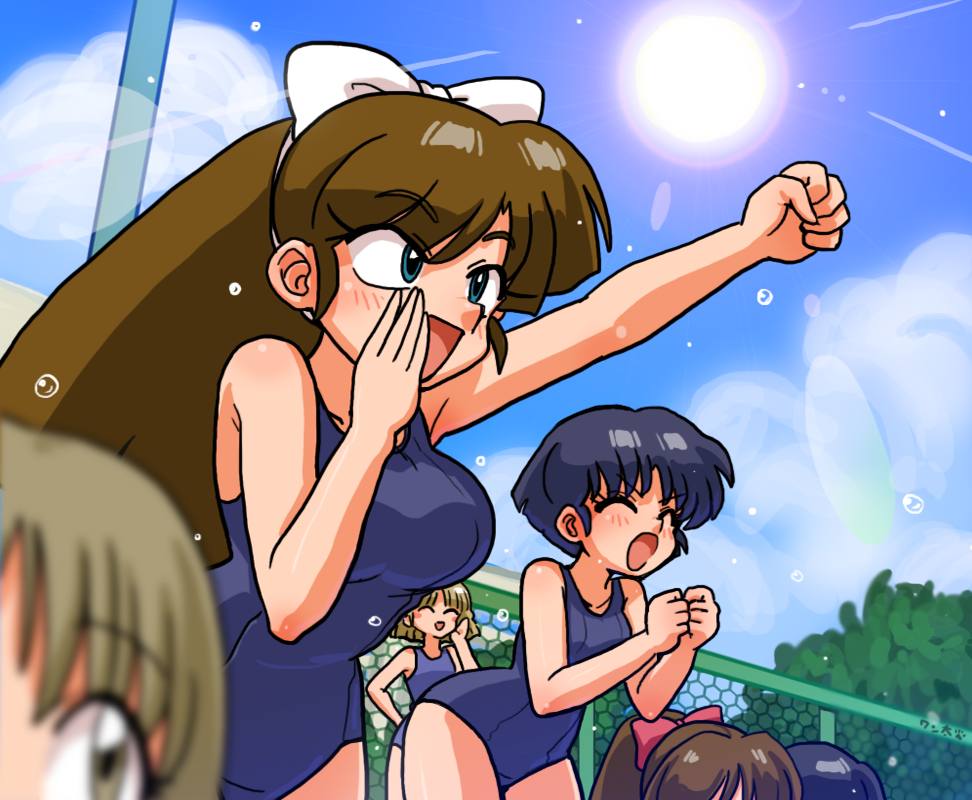 6+girls blue_hair bow breasts brown_hair kuonji_ukyou large_breasts medium_breasts multiple_girls open_mouth ranma_1/2 school_swimsuit short_hair sky swimsuit tagme tendou_akane wanta_(futoshi) white_bow