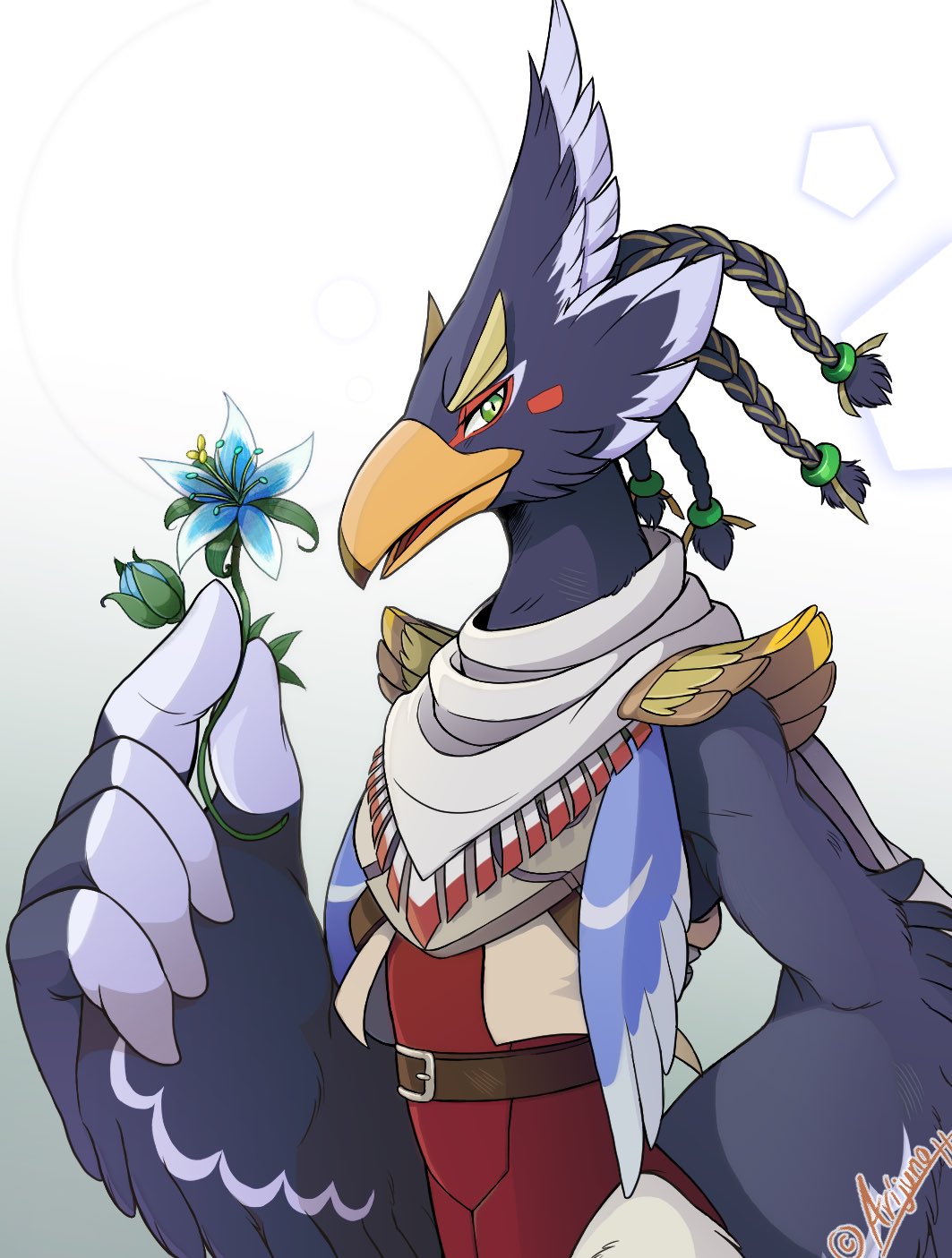 1boy arijuno arm_behind_back armor artist_name beak bird_boy blue_flower blue_fur blue_hair blush_stickers body_fur braid breastplate commentary english_commentary flower furry furry_male gradient_background green_eyes hand_up highres holding holding_flower looking_at_viewer male_focus open_mouth profile quad_tails revali rito scarf short_hair shoulder_pads signature silent_princess solo standing the_legend_of_zelda the_legend_of_zelda:_breath_of_the_wild twitter_username two-tone_fur upper_body white_background white_fur white_scarf winged_arms wings