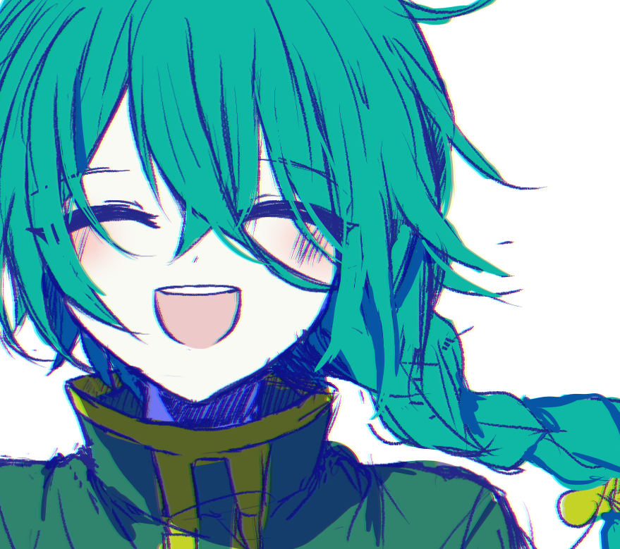 1boy ashe_bradley blush braid closed_eyes green_hair green_jacket jacket long_hair male_focus marukura multicolored_clothes multicolored_jacket open_mouth sketch smile solo teeth variant_set witch's_heart yellow_jacket