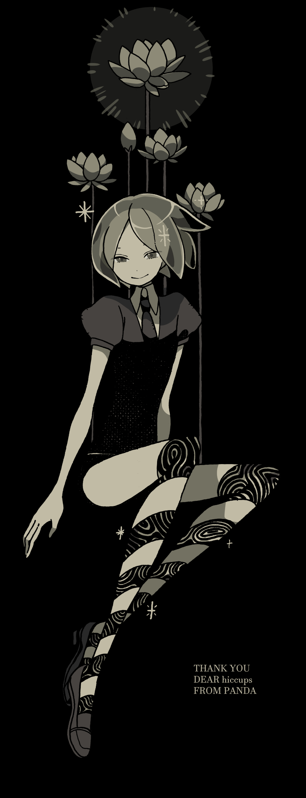 1other absurdres androgynous artist_name collared_shirt commentary_request commission commissioner_name crystal_hair english_text floating_hair flower full_body gem_uniform_(houseki_no_kuni) glowing_flower half-closed_eyes highres houseki_no_kuni invisible_chair loafers looking_at_viewer lotus monochrome necktie panda23577667 phosphophyllite puffy_short_sleeves puffy_sleeves shirt shoes short_hair short_shorts short_sleeves shorts simple_background sitting skeb_commission smile solo sparkle