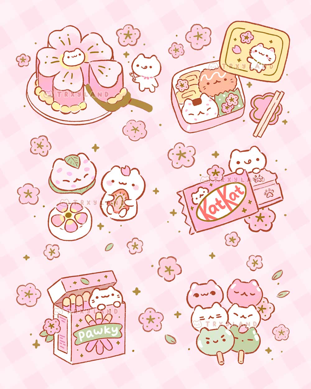 &gt;:) :3 animal_ears blush cake candy cat cat_ears cat_tail cherry chocolate closed_eyes closed_mouth dango flower food fruit highres leaf onigiri original smile tail tongue tongue_out trxyland v-shaped_eyebrows wagashi whiskers