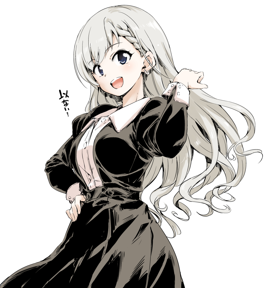 1girl :d black_dress blue_eyes dress earrings floating_hair grey_hair hamao idolmaster idolmaster_cinderella_girls jewelry large_pectorals long_hair long_sleeves looking_at_viewer open_mouth pectorals simple_background smile standing teeth translation_request upper_teeth_only white_background