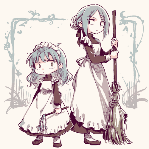 2girls ahoge apron arms_at_sides black_dress black_footwear black_ribbon broom bun_cover closed_mouth commentary_request dated_commentary dress duster female_child frilled_apron frills full_body grey_eyes hair_bun hair_ribbon hands_up hatching_(texture) holding holding_broom holding_duster light_green_hair long_hair long_sleeves looking_at_another lowres maid multiple_girls original parted_bangs plant rakuni ribbon sanpaku shoes sideways_glance single_hair_bun standing vines wavy_hair white_apron
