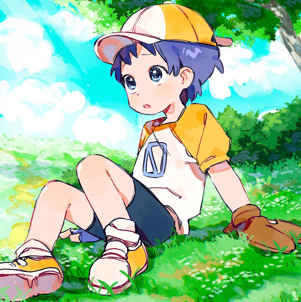 1boy baseball_cap baseball_mitt blue_sky child clouds cloudy_sky english_commentary hat male_child male_focus nature nemui_(nemuriyagi) numbered on_grass on_ground open_mouth original outdoors purple_hair scenery shorts sitting sky solo tree wariza