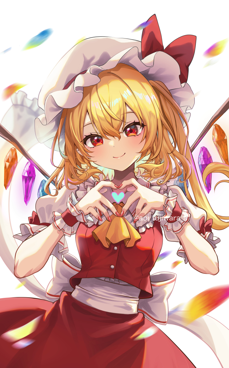 1girl ascot blonde_hair blush buttons closed_mouth collared_shirt crystal fingernails flandre_scarlet frilled_shirt_collar frills fujiwara_aoi hair_between_eyes hat highres long_hair looking_at_viewer mob_cap nail_polish one_side_up red_eyes red_nails red_skirt red_vest shirt short_sleeves skirt smile solo touhou twitter_username vest white_headwear white_shirt wings wrist_cuffs yellow_ascot