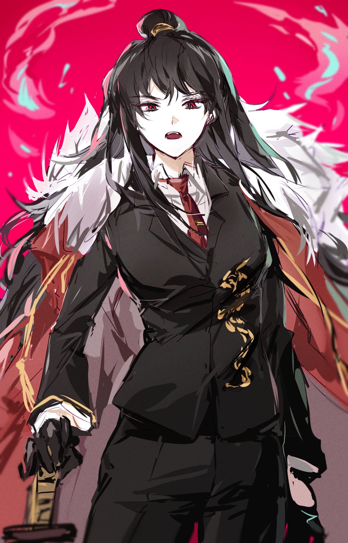 1girl black_gloves black_hair black_jacket black_pants coat coat_on_shoulders collared_shirt cowboy_shot fire fur-trimmed_coat fur_trim gloves highres jacket library_of_ruina long_hair munjiduck necktie open_mouth pants project_moon red_background red_coat red_eyes red_necktie shirt sidelocks solo very_long_hair white_shirt xiao_(library_of_ruina)