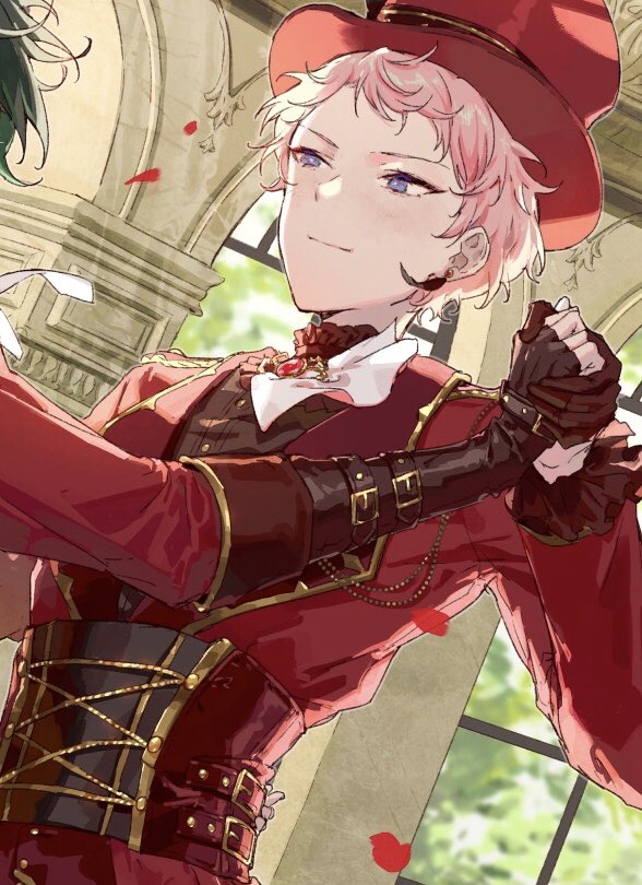 2boys belt_buckle buckle buttons closed_mouth commentary_request corset earrings ensemble_stars! feather_earrings feathers fingerless_gloves gloves green_hair hand_grab hat itsuki_shu jewelry kagehira_mika long_sleeves looking_at_another male_focus multiple_boys oyatsu_no_e pink_hair short_bangs short_hair upper_body violet_eyes