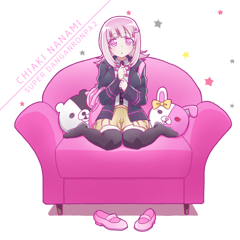 :o armchair black_jacket black_shirt blunt_bangs brown_skirt chair character_name collared_shirt copyright_name danganronpa_(series) danganronpa_2:_goodbye_despair dress_shirt ear_bow hands_up jacket light_brown_hair medium_hair miniskirt misa_(usaginosakura) monokuma monomi_(danganronpa) nanami_chiaki neck_ribbon no_shoes open_clothes open_jacket pillow pink_eyes pink_footwear pink_ribbon pleated_skirt ribbon shirt shirt_tucked_in shoes shoes_removed skirt spaceship_hair_ornament star_(symbol) two-tone_shirt white_background white_shirt