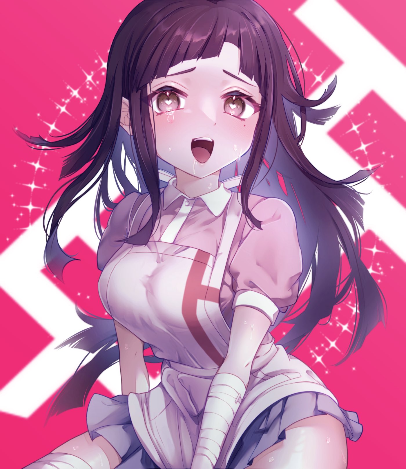 1girl :d apron bandaged_arm bandages black_hair breasts collared_shirt danganronpa_(series) danganronpa_2:_goodbye_despair heart heart_in_eye highres hong_(beniimo_hnkn) large_breasts long_hair miniskirt mole mole_under_mouth pink_background pink_eyes pleated_skirt puffy_short_sleeves puffy_sleeves shirt short_sleeves skirt smile solo sparkle symbol_in_eye teeth tongue tsumiki_mikan two-tone_shirt upper_teeth_only white_apron white_background