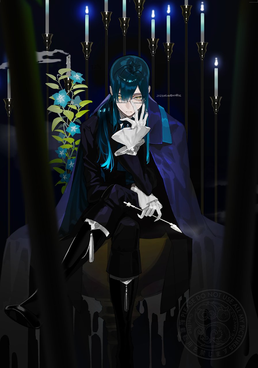 1boy adjusting_eyewear aqua_hair black_background black_footwear black_jacket black_pants blue_cape blue_flower blue_hair blue_ribbon boots candle candlestand cape closed_mouth extra_ears flower frilled_sleeves frills full_body glasses gloves hair_over_shoulder highres holding holding_smoking_pipe jacket long_hair looking_at_another low_ponytail male_focus neck_ribbon original pants ribbon selflse shirt sitting sleeves_past_wrists smoke smoking_pipe solo straight-on watermark white_gloves white_shirt yellow_eyes