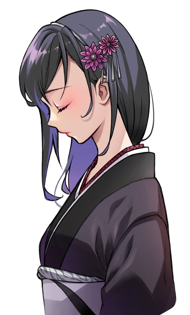 1girl black_hair black_kimono breasts closed_eyes eyeshadow final_fantasy final_fantasy_vii final_fantasy_vii_remake flower grey_hairband hair_flower hair_ornament hair_over_shoulder hairband japanese_clothes kimono long_hair makeup medium_breasts obi official_alternate_costume pink_eyeshadow profile purple_flower quichi_91 sash solo swept_bangs tifa_lockhart upper_body white_background