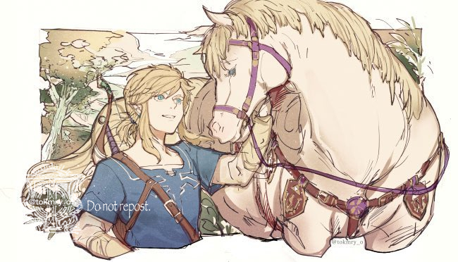 1boy blonde_hair blue_eyes blue_tunic cropped_torso horse link long_sleeves looking_at_another low_ponytail medium_hair outdoors parted_lips pointy_ears reins shirt_under_shirt sidelocks smile the_legend_of_zelda the_legend_of_zelda:_breath_of_the_wild tokima_yori tree twitter_username upper_body weapon weapon_on_back