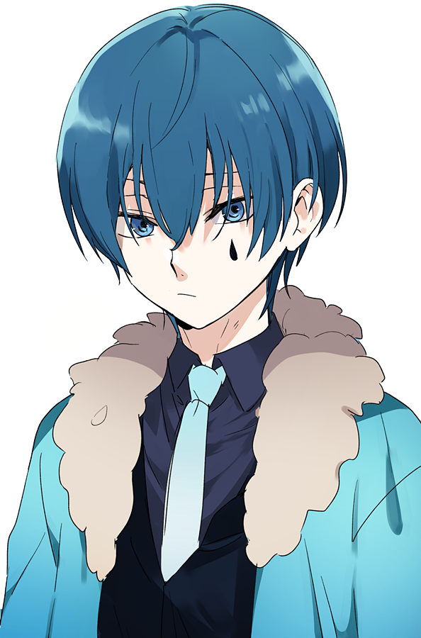1boy blue_eyes blue_hair blue_jacket blue_necktie blue_shirt blue_vest closed_mouth collared_shirt commentary_request employee_(lobotomy_corporation) eyebrows_hidden_by_hair fur-trimmed_jacket fur_trim hair_between_eyes jacket lobotomy_corporation looking_at_viewer male_focus medu_(rubish) necktie open_clothes open_jacket project_moon shirt short_hair simple_background solo vest white_background