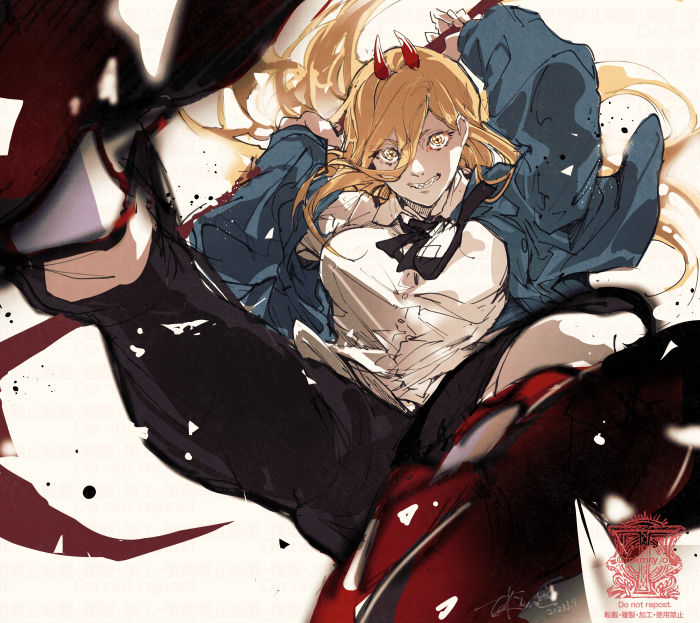 1girl arms_behind_head black_necktie black_pants blue_jacket breasts chainsaw_man collared_shirt dated demon_girl demon_horns grin hair_between_eyes horns jacket long_hair long_sleeves looking_at_viewer medium_breasts necktie oni_horns orange_eyes orange_hair pants power_(chainsaw_man) red_horns sharp_teeth shirt signature smile solo teeth tokima_yori twitter_username white_shirt