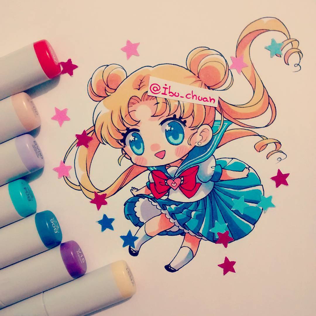 1girl bishoujo_senshi_sailor_moon blonde_hair blue_sailor_collar blue_skirt bow bowtie chibi double_bun earrings full_body hair_bun ibi_chuan jewelry long_hair looking_at_viewer parted_bangs puffy_short_sleeves puffy_sleeves red_bow red_bowtie sailor_collar school_uniform serafuku shirt short_sleeves sidelocks skirt smile solo tsukino_usagi very_long_hair white_shirt