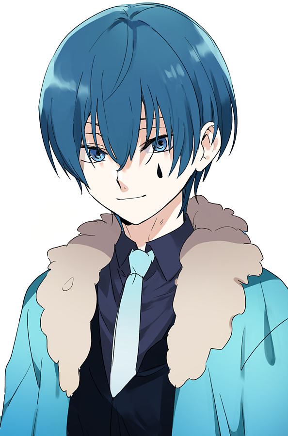 1boy blue_eyes blue_hair blue_jacket blue_necktie blue_shirt blue_vest closed_mouth collared_shirt commentary_request employee_(lobotomy_corporation) eyebrows_hidden_by_hair fur-trimmed_jacket fur_trim hair_between_eyes jacket lobotomy_corporation looking_at_viewer male_focus medu_(rubish) necktie open_clothes open_jacket project_moon shirt short_hair simple_background smile solo vest white_background