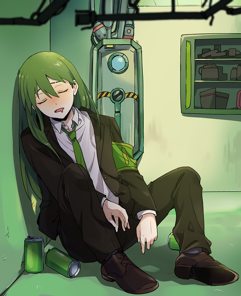 1boy armband black_jacket black_pants brown_footwear can closed_eyes collared_shirt commentary_request dress_shoes drooling eyebrow_cut green_armband green_hair green_necktie indoors jacket lobotomy_corporation long_hair long_sleeves male_focus medu_(rubish) mouth_drool necktie netzach_(project_moon) open_collar open_mouth pants project_moon shirt sitting sleeping solo white_shirt