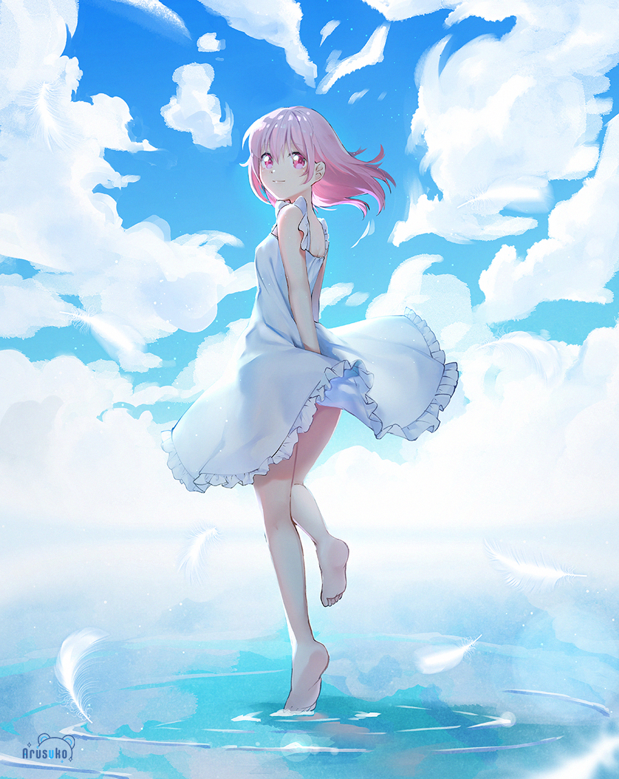 1girl aqua_sky arms_behind_back artist_name arusuko backlighting bare_arms bare_legs barefoot blue_sky blurry bokeh breasts closed_mouth clouds cloudy_sky day depth_of_field dot_nose dress feathers floating_hair frilled_dress frilled_straps frills full_body gradient_sky hair_between_eyes hair_down happy kaname_madoka light_particles looking_at_viewer looking_back luminous_(madoka_magica) mahou_shoujo_madoka_magica mahou_shoujo_madoka_magica_(anime) mahou_shoujo_madoka_magica_movie_1_&amp;_2 medium_hair nape outdoors pink_eyes pink_hair ripples shadow shallow_water sideboob sky sleeveless sleeveless_dress small_breasts smile soles solo spaghetti_strap standing standing_on_liquid standing_on_one_leg tareme water white_dress white_feathers