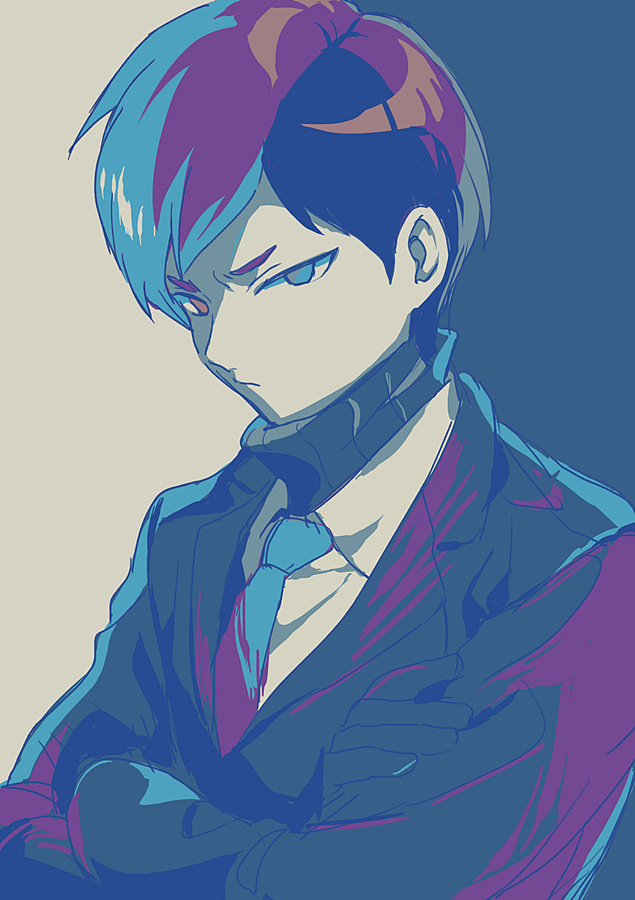 1boy blue_eyes blue_gloves blue_hair blue_jacket blue_necktie blue_sweater brown_eyes closed_mouth collared_shirt commentary_request crossed_arms gloves heterochromia jacket limited_palette lobotomy_corporation long_sleeves male_focus medu_(rubish) multicolored_hair necktie project_moon purple_hair ribbed_sweater scowl shirt short_hair solo sweater turtleneck turtleneck_sweater upper_body white_shirt yesod_(project_moon)