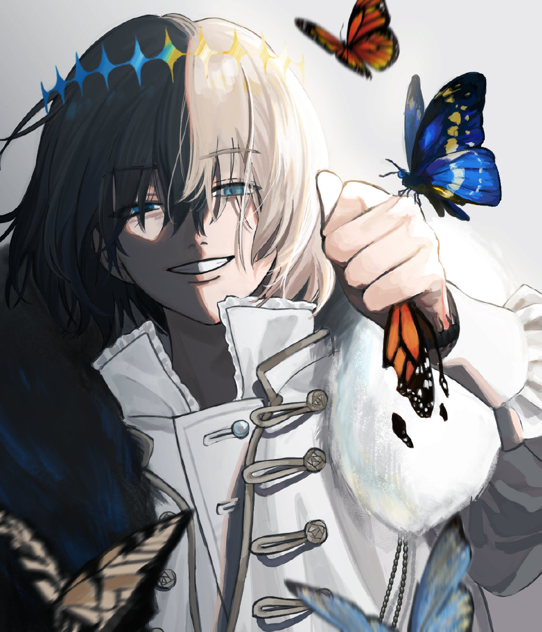1boy animal bug butterfly chenjuee fairy fate/grand_order fate_(series) halo highres holding holding_animal long_hair looking_at_viewer male_focus oberon_(fate) oberon_(third_ascension)_(fate) shirt smile solo spoilers white_background white_shirt
