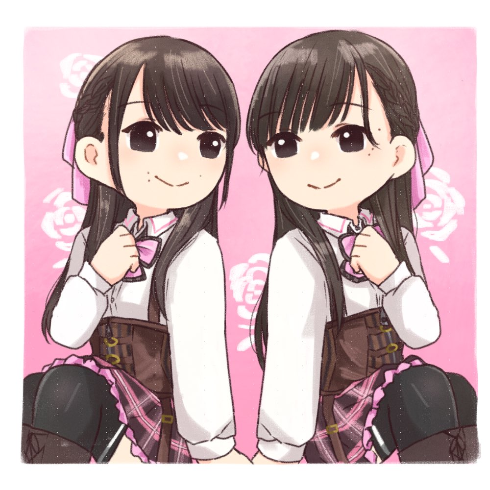 2girls assault_lily black_thighhighs boots border bow braid brown_eyes brown_footwear brown_hair closed_mouth collared_shirt commentary corset dual_persona eye_contact feet_out_of_frame floral_background french_braid frilled_skirt frills fukuyama_jeanne_sachie gradient_background hair_bow hand_on_own_chest hand_up knee_boots long_hair long_sleeves looking_at_another looking_to_the_side ludvico_private_girls'_academy_school_uniform miniskirt mole mole_above_mouth mole_under_eye mole_under_mouth multiple_girls nigari_(ngari_0115) pink_background pink_bow pink_skirt plaid plaid_skirt school_uniform shirt sitting skirt smile symbol-only_commentary thigh-highs underbust white_border white_shirt
