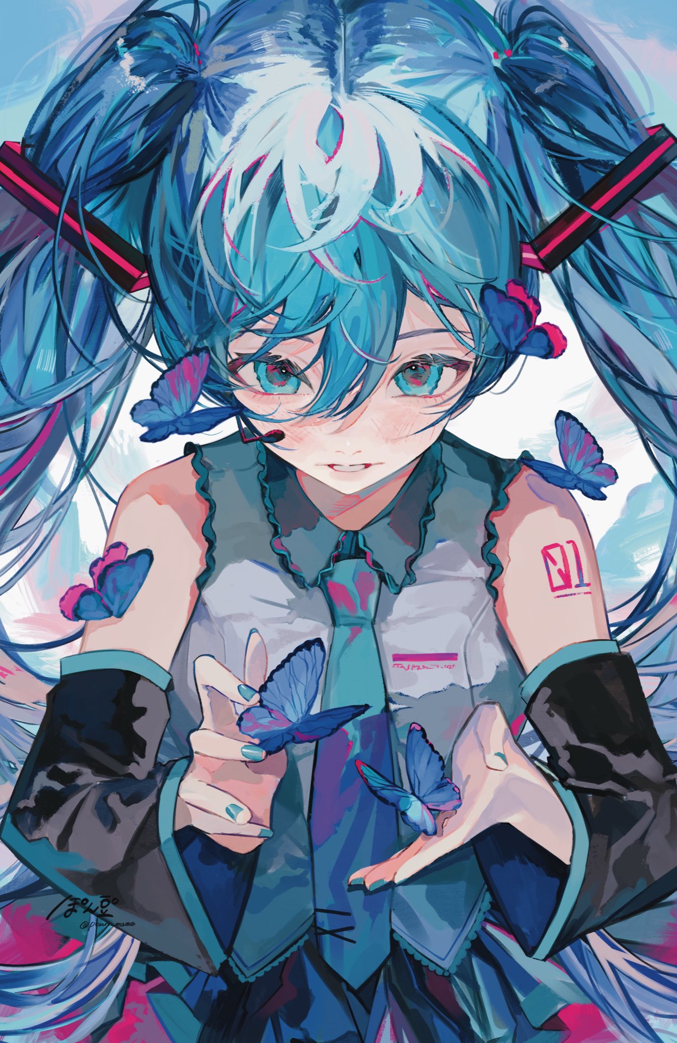 1girl arm_tattoo bare_shoulders blue_background blue_butterfly blue_eyes blue_hair blue_nails blue_necktie blue_skirt blue_theme bug butterfly collared_shirt commentary detached_sleeves english_commentary from_above grey_shirt hair_between_eyes hatsune_miku headset highres long_hair nail_polish necktie number_tattoo parted_lips ponn_mame shirt signature skirt sleeveless sleeveless_shirt solo tattoo twintails twitter_username upper_body vocaloid