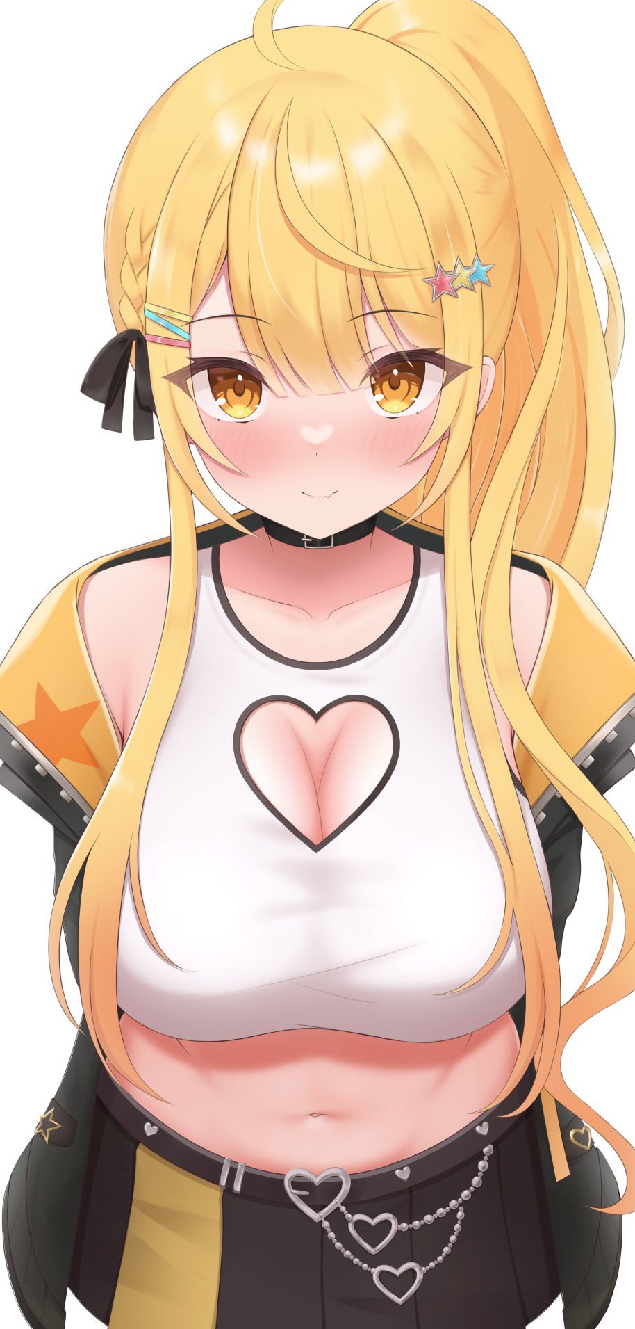 1girl belt blonde_hair breasts chocomaru cleavage_cutout clothing_cutout hair_ornament highres jacket large_breasts light_blush light_smile looking_at_viewer md5_mismatch official_alternate_costume official_alternate_hairstyle open_clothes open_jacket ponytail solo star_(symbol) star_hair_ornament tank_top yellow_eyes yozora_mel yozora_mel_(7th_costume)