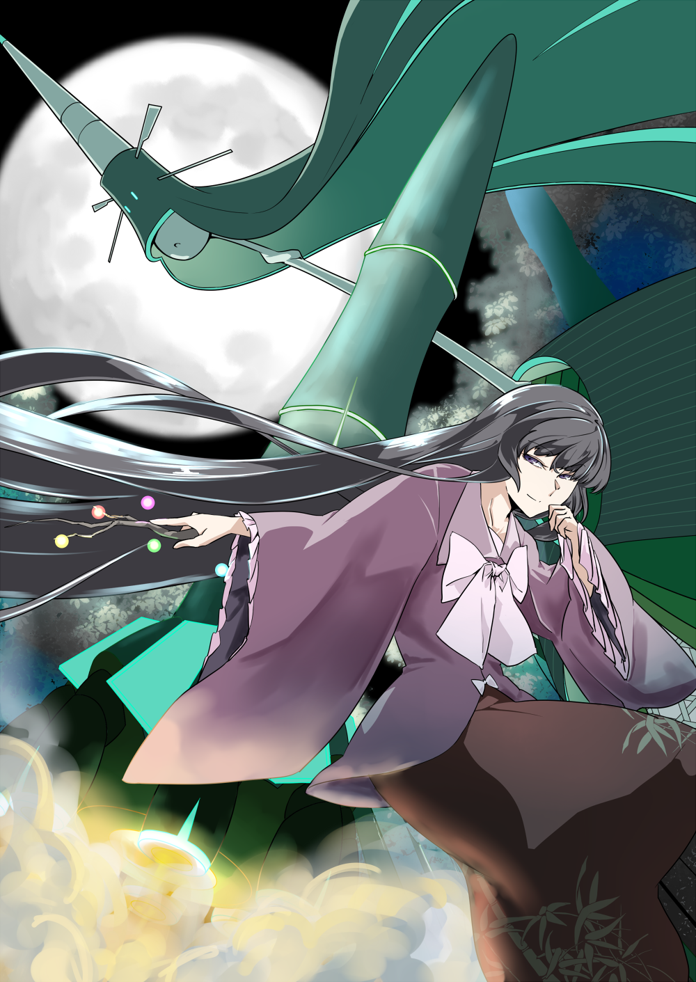 1girl black_hair bow bowtie celesteela closed_mouth commentary full_moon highres houraisan_kaguya japanese_clothes kimono long_hair long_sleeves looking_at_viewer moon outdoors pink_kimono pokemon pokemon_(creature) potato_pot red_eyes red_skirt skirt smile solo touhou very_long_hair white_bow white_bowtie wide_sleeves