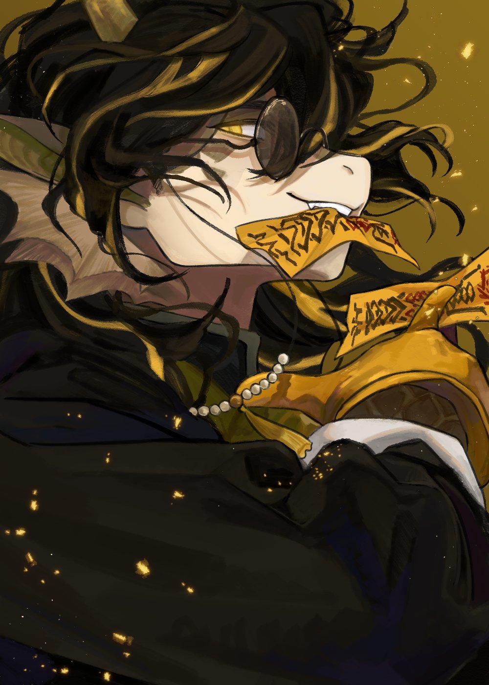 1boy arknights black_coat chenjuee coat dragon_boy dragon_horns furry furry_male gloves highres holding holding_paper horns lee_(arknights) long_hair looking_at_viewer male_focus multicolored_hair paper paper_in_mouth pointy_ears profile round_eyewear solo talisman yellow_background yellow_gloves