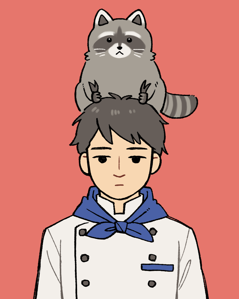 1boy :&lt; animal_on_head black_eyes black_hair blue_neckerchief breast_pocket buttons chef everything_everywhere_all_at_once expressionless grabbing_another's_hair grey_fur long_sleeves male_focus neckerchief numae_kaeru on_head pocket raccacoonie raccoon red_background shirt short_hair simple_background striped_tail tail whiskers white_shirt