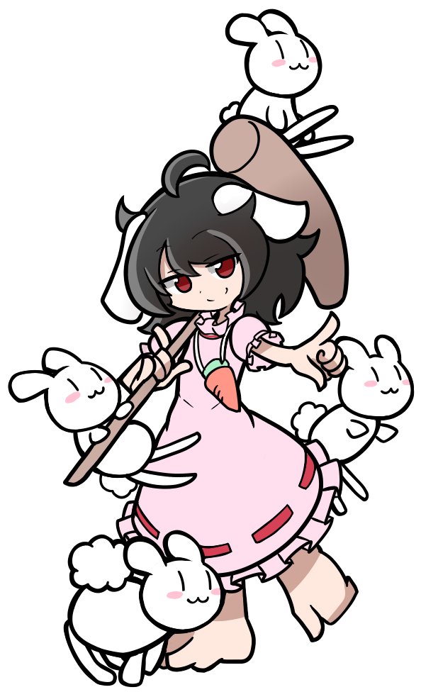 1girl :3 ahoge animal_ears barefoot black_hair carrot_necklace closed_mouth dress floppy_ears full_body inaba_mob_(touhou) inaba_tewi jewelry kine mallet necklace parody pink_dress puyopuyo rabbit rabbit_ears red_eyes ribbon-trimmed_dress shinmon_akika short_hair short_sleeves smile style_parody touhou