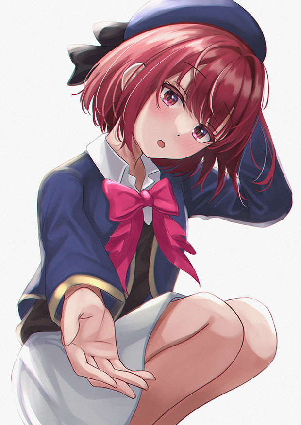 1girl arima_kana beret black_vest blue_headwear blue_jacket bob_cut bow bowtie collared_shirt cropped_jacket grey_background hand_on_headwear hat head_tilt inverted_bob jacket light_blush looking_at_viewer open_mouth oshi_no_ko outstretched_arm pink_bow pink_bowtie reaching reaching_towards_viewer red_eyes redhead remugi school_uniform shirt short_hair simple_background skirt solo squatting vest white_shirt white_skirt youtou_high_school_uniform